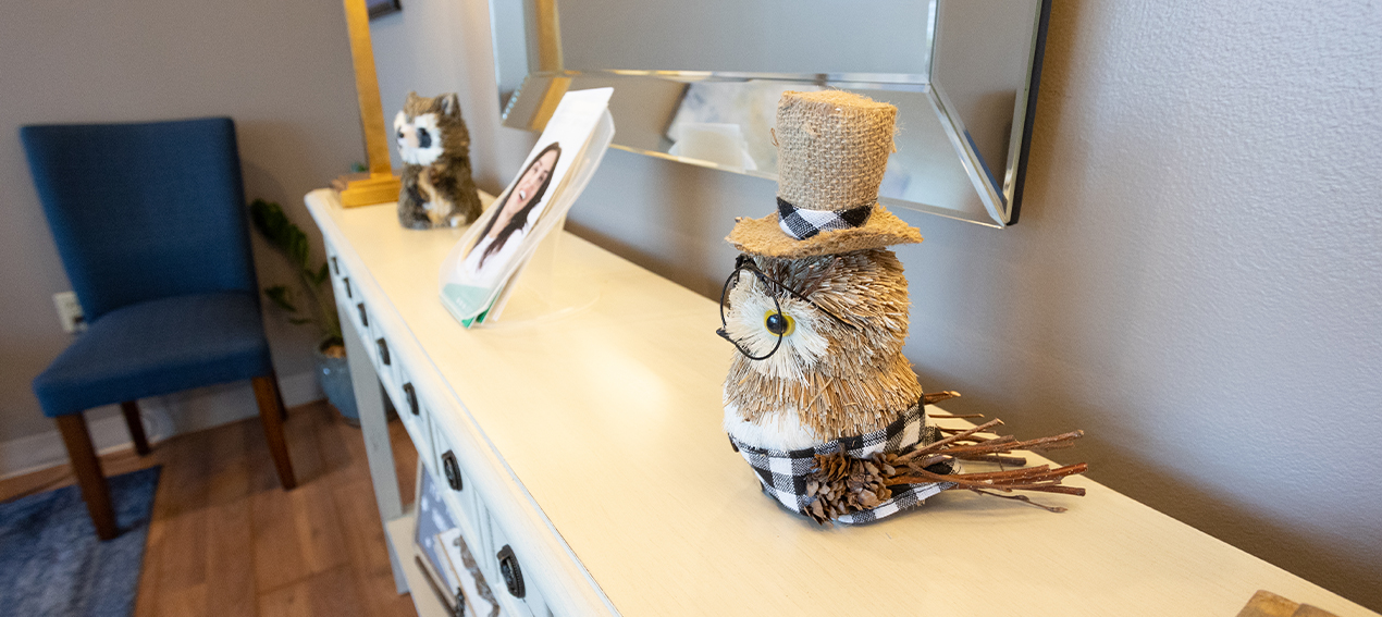 Model of owl with top hat on desk in Marion dental office